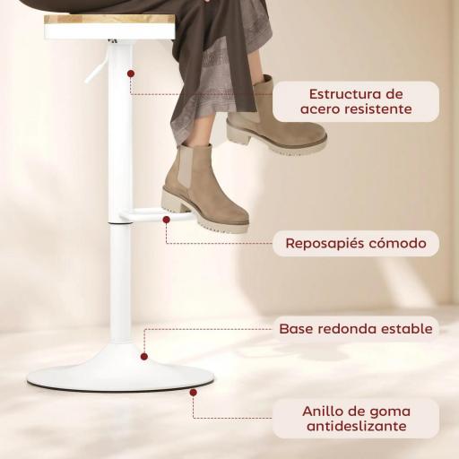 Juego de 2 Taburetes Altos de Cocina con Altura Ajustable Asiento de Madera Marco de Acero y Reposapiés Natural y Blanco [6]