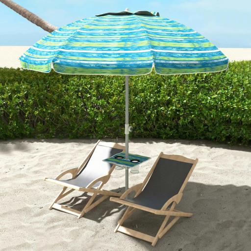 Sombrilla de Playa Ø190x215 cm con Reclinación 45° Altura Ajustable y Mesa con Portavasos Anti-UV Impermeable Multicolor