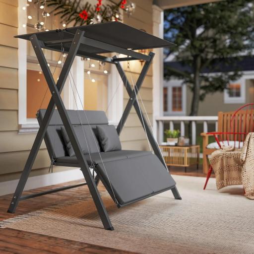 Columpio de Jardín de 2 Plazas Convertible en Cama con Toldo Ajustable UV30+ y Cojines 142x130x168 cm Gris Oscuro [5]