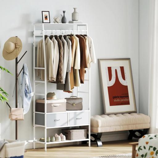 Perchero Zapatero con Zapatero Ganchos Cajones Barra y Eatante para Entrada Pasillo Salón 80x30x180,5 cm Blanco [6]