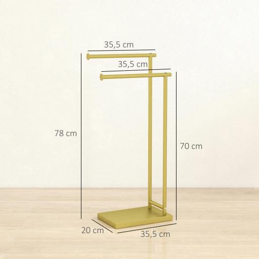 Toallero de Pie con 2 Barras y Marco Metálico Toallero de Baño Moderno en Forma de L 35,5x20x78 cm Dorado [1]