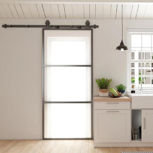 Puerta Corredera de Cristal con Herrajes Mecanismo Cierre Suave para Baño Salón 91,4x203,2 cm Negro