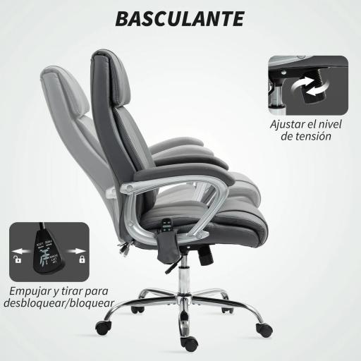 Silla de Oficina con Masaje Calor Lumbar Altura Ajustable e Inclinación Tapizada en Cuero Sintético 66x72x113-121cm Gris [5]
