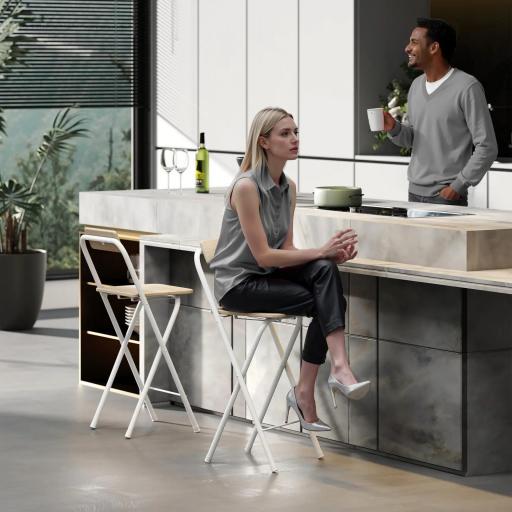 Juego de 2 Taburetes de Bar Plegables con Respaldo Reposapiés y Marco de Acero para Comedor Mostrador Natural [5]