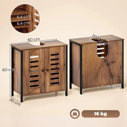 Mueble Bajo Lavabo Industrial 2 Puertas de Lamas con Cierre Magnético Estante Ajustable 60x30x60 cm Marrón Rústico [1]