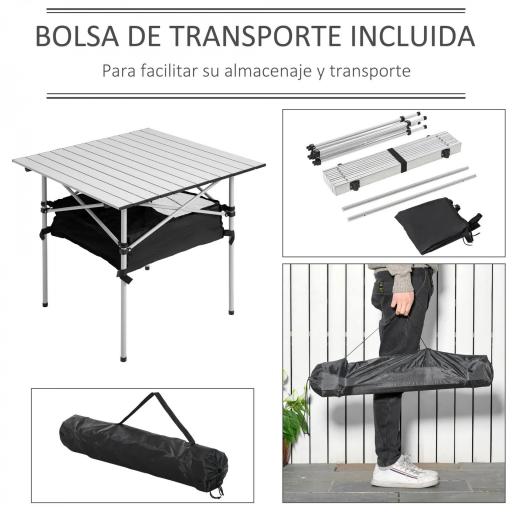 Mesa de Camping Plegable con Almacenaje de Malla y Bolsa de Transporte para Exterior Jardín y Picnic 70x70x69 cm Plata [2]