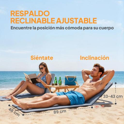 Conjunto de 2 Esterillas con Respaldo Reclinable Reposacabezas y Bolsa de Transporte 134x48x33-43 cm Gris [5]