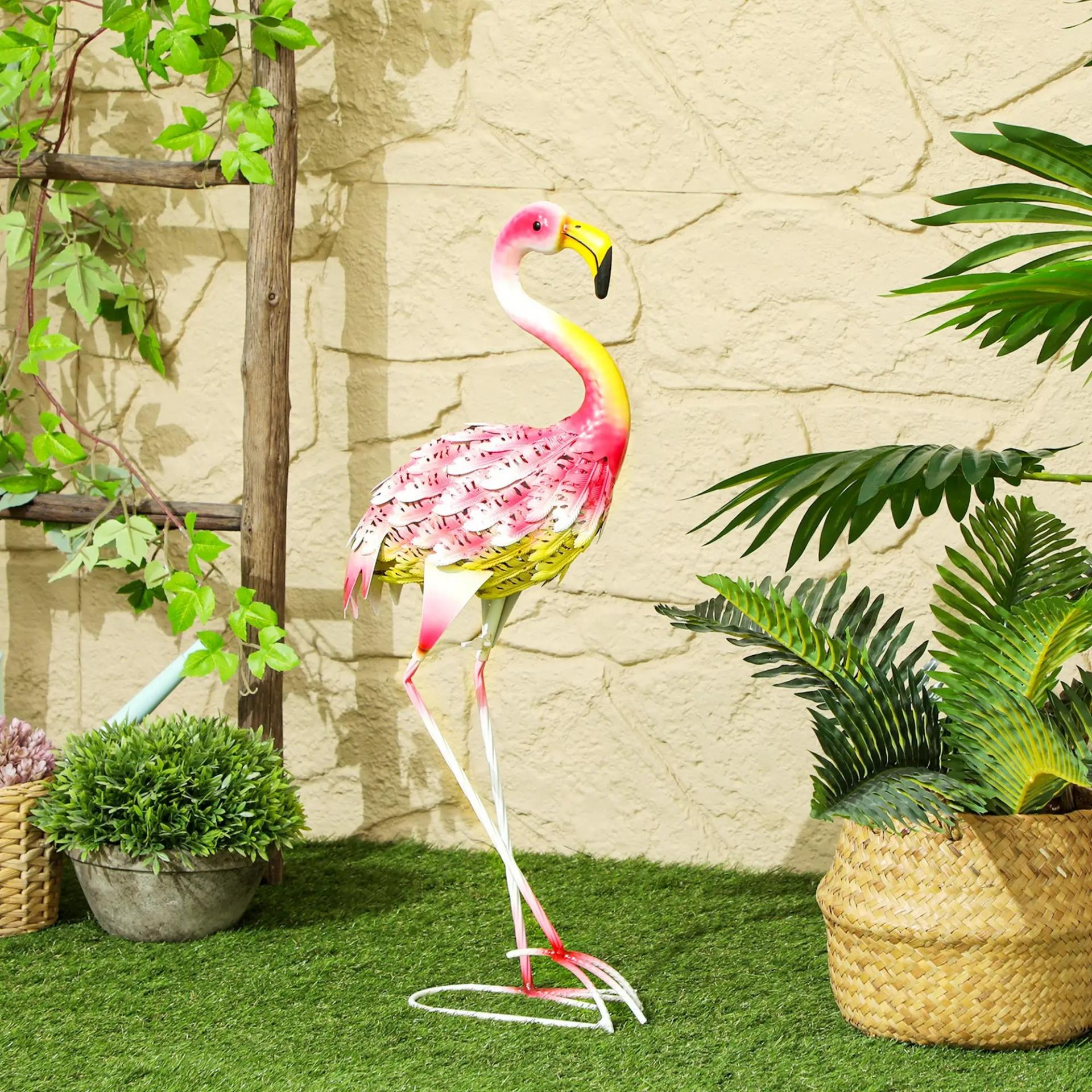 Estatua para Jardín de Flamenco de Metal para Exterior para Decoración de Césped Patio Estanque 27x14x60 cm Rosa