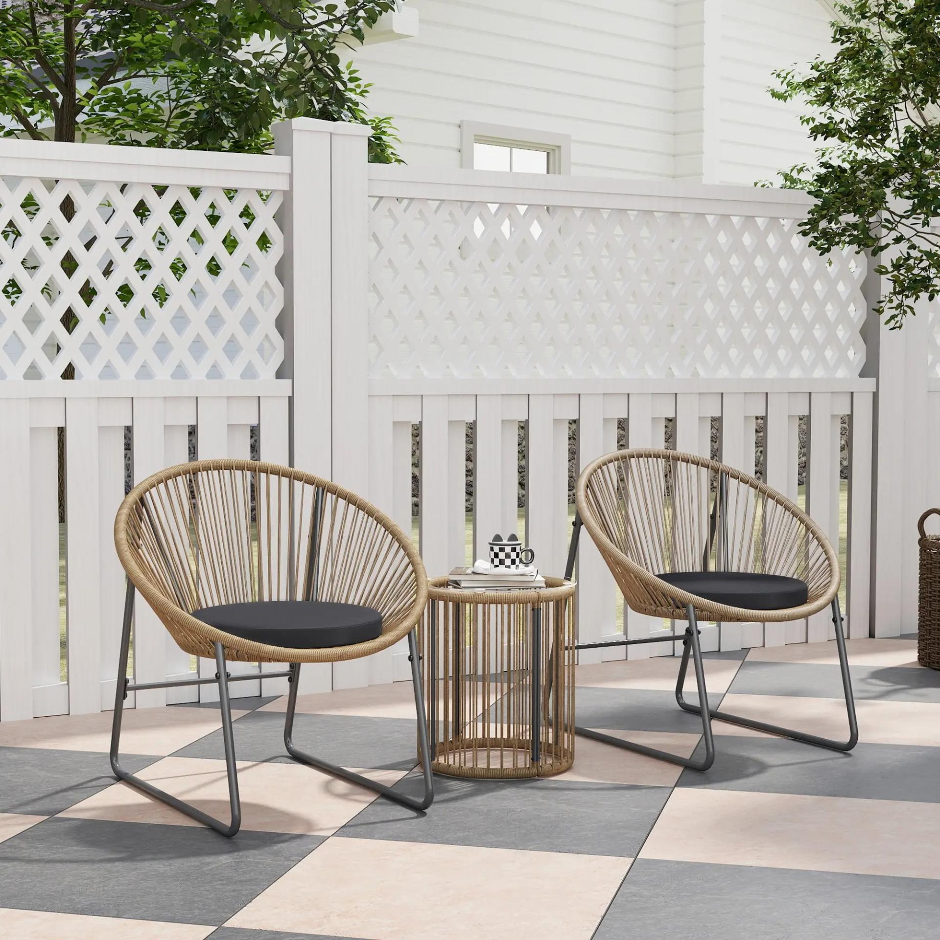 Juego de 2 Sillas y Mesa de Ratán con Cojines Acolchados y Encimera de Vidrio para Balcón Terraza Natural