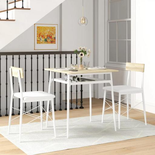 Conjunto de Mesa y Sillas de Comedor de 3 Piezas con Estante Abierto Estructura de Acero Blanco y Roble