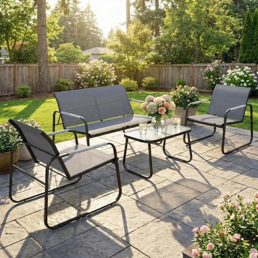 Conjunto de Jardín Exterior con 1 Sofá de 2 Plazas 2 Sillones y Mesa de Vidrio Templado Textilene Transpirable Gris