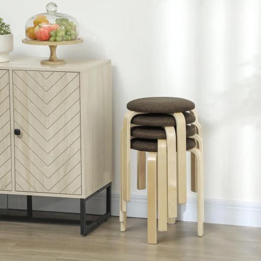 Juego de 4 Taburetes Redondos de Madera Apilables con Asiento Acolchado para Cocina Comedor Dormitorio Marrón [3]