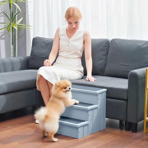 Escalera para Mascotas 3 Peldaños con Espacio de Almacenaje y Alfombra Antideslizantes Portátil 40,5x44,5x38 cm Gris