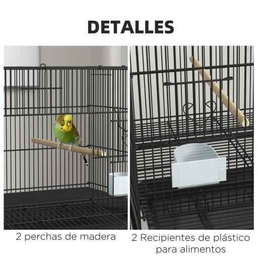 Jaula para Pájaros con Ruedas 77x46x119 cm Jaula Metálica para Aves con Bandeja Extraíble 2 Perchas 2 Comederos Negro [3]