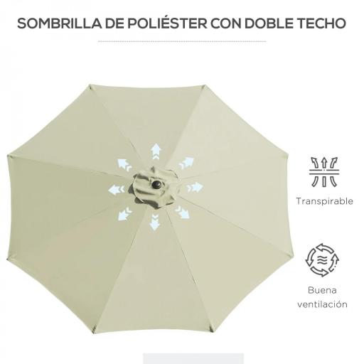 Sombrilla de Jardín Ø295x250 cm con Manivela Parasol Exterior con Mecanismo de Inclinación y Poste Desmontable Beige [3]