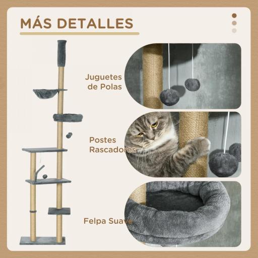Árbol para Gatos de Suelo a Techo de 230-250 cm con Altura Ajustable Múltiples Plataformas Cestos Hamaca Bolas Gris [3]