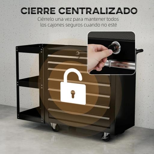Carro de Herramientas con 7 Cajones Estantería de 3 Niveles Desmontable Sistema de Cierre Central Asa Negro [4]