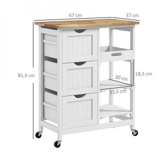 Carrito Auxiliar con Ruedas Carrito de Cocina con 3 Cajones 2 Estantes Abiertos y Bandeja Extraíble 67x37x85,5 cm Blanco [1]