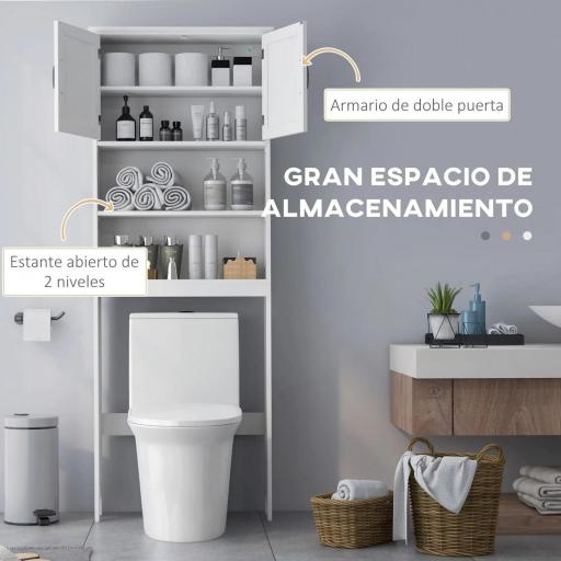 Mueble sobre Inodoro con 2 Puertas Estantes Abiertos y Estante Ajustable Mueble para Baño 66x23x178 cm Blanco [2]