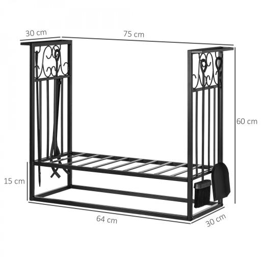 Estante para Leña de Chimenea 75x30x60 cm Soporte para Leña Tradicional Portaleña de Diseño Vintage con 4 Herramientas Base Elevada Carga Máx. 100 kg Acero para Interior y Exterior Negro [1]