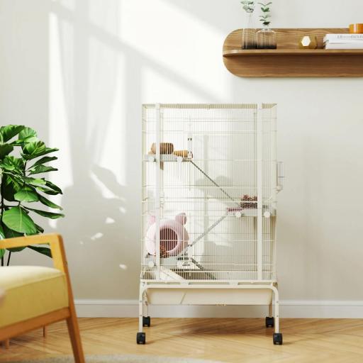 Jaula para Animales Pequeños de 4 Niveles con Ruedas Rampas Cuenco Botella de Agua 69x44x120 cm Beige [6]