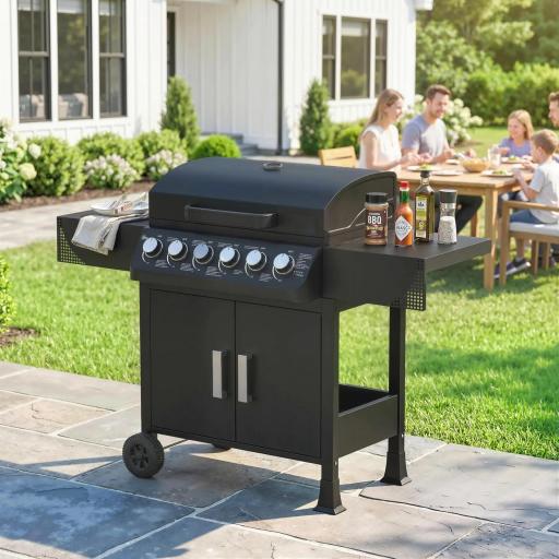 Barbacoa de Gas con 6 Quemadores 15 kW Termómetro Parrilla Mesas Laterales Armario y Ruedas 135x51x101 cm Negro [3]