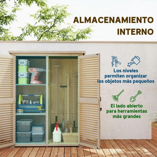 Armario de Jardín 0,83 m² 127x65x168 cm con 2 Puertas de Persiana 2 Estantes 2 Asas y Techo Impermeable Natural [2]