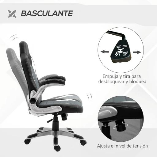 Silla de Oficina Ajustable Silla de Despacho con Reposabrazos Abatibles 5 Ruedas Carga 120 kg 65x69x112-122 cm Gris [2]