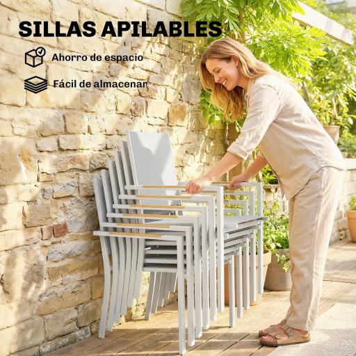 Conjunto de Mesa y Sillas Jardín con Mesa de Plástico PSPC y 6 Sillas Apilables Transpirables para Terraza Patio Blanco [5]