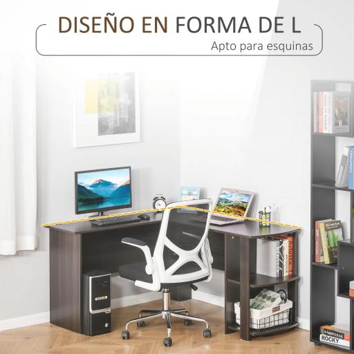Mesa de Ordenador PC Escritorio para Oficina Hogar Tipo Esquinera Forma L con Estantes 136x130x72cm Madera [3]