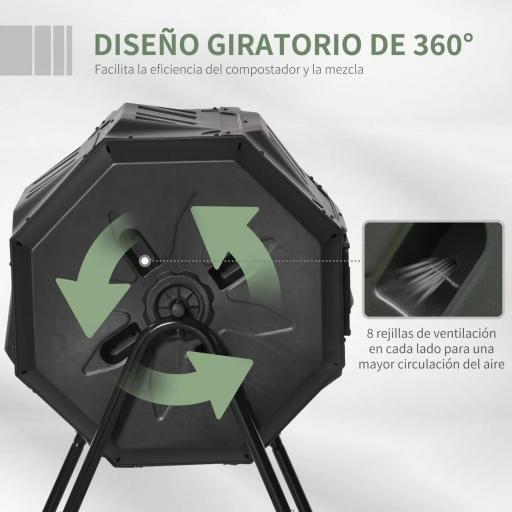 Compostador de Tambor Giratorio con Capacidad 160 Litros de Doble Cámara y Ventilación Marco de Acero 71x65x96cm Negro [3]