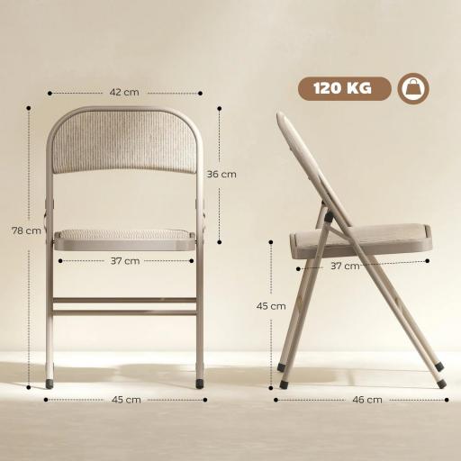 Juego de 2 Sillas Plegables Tapizadas en Lino Sintético con Respaldo y Estructura de Acero para Salón 45x46x78 cm Beige [1]