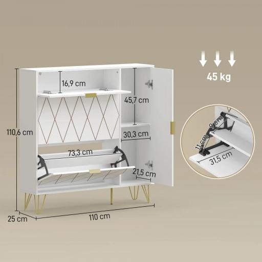 Mueble Zapatero Moderno con 2 Cajones Abatibles Armario y Estantes Ajustables para 10-14 Pares de Zapatos Blanco [1]