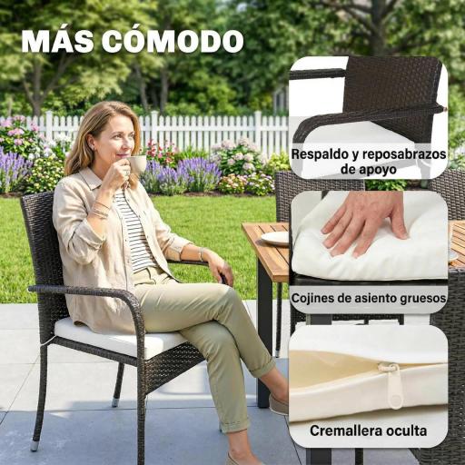 Conjunto de Mesa y Sillas Jardín de Ratán 7 Piezas con Mesa Extensible con Tablero Madera y 6 Sillas Apilables Cojines [3]