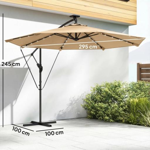 Parasol Excéntrico con Luces LED Solares 330x295 cm Sombrilla Jardín con Base Cruzada Manivela Funda Protectora Caqui [1]