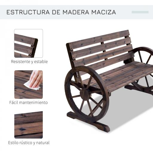 Banco de Madera para Exteriores con Apoyabrazos en Forma de Rueda Aspecto Envejecido Jardín Balcón Terraza 105,5x59x75 cm Marrón Rústico [2]