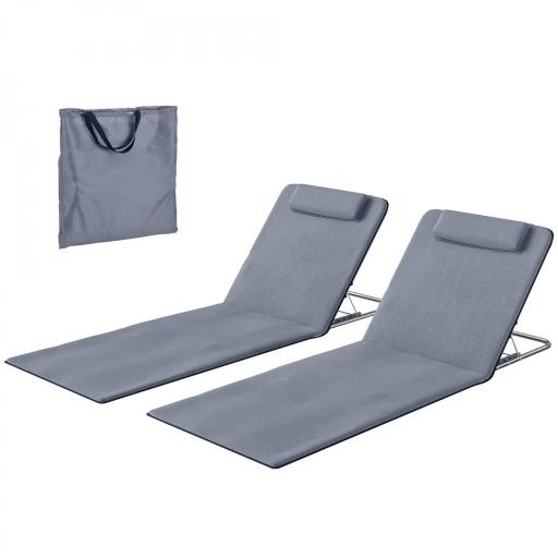 Conjunto de 2 Esterillas con Respaldo Reclinable Reposacabezas y Bolsa de Transporte 134x48x33-43 cm Gris [8]