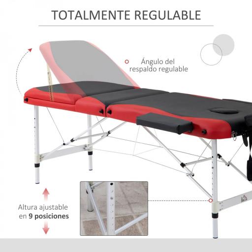Camilla Masaje Plegable, Camilla Estética Profesional de Aluminio con Altura Ajustable, 3 Zonas, Reposacabezas, Reposabrazos, para Tatuaje, Fisioterapia, Negro y Rojo [9]