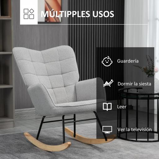 Silla Mecedora de Borreguito Sillón Balancín Oscilante 40° con Patas de Madera de Haya Carga 120 kg 71x98x101 cm Gris [4]
