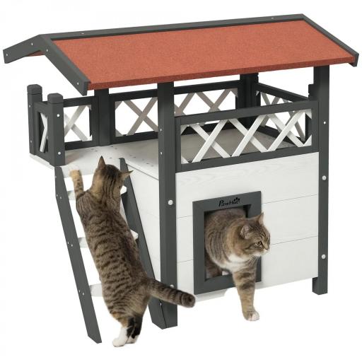 Caseta para Gatos de 2 Niveles 77x50x73 cm Refugio para Gatos con Techo Asfáltico Escalera y Balcón para Exterior Blanco [9]