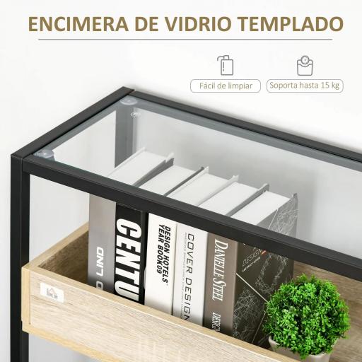 Mesa Consola de Entrada 108x28x85 cm Mueble Recibidor con Encimera de Cristal Estante y Rejilla Inferior Marco de Acero para Pasillo Salón Extremo del Sofá Negro [5]