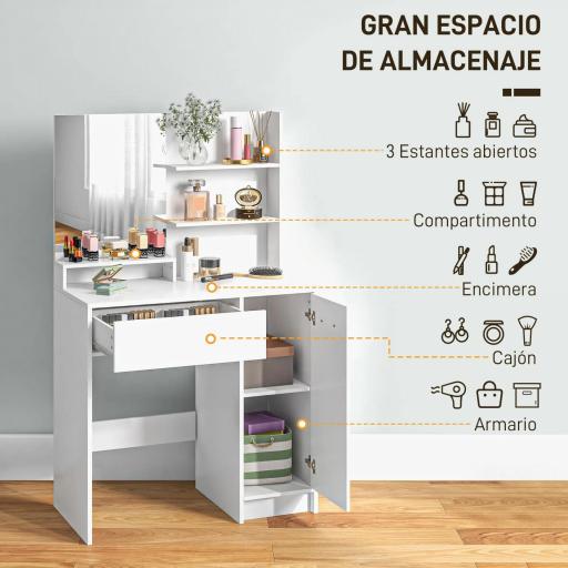 Tocador de Maquillaje con Taburete Espejo Cajón Estante Ajustable y Estantes Abiertos Anti-vuelco Blanco y Beige [2]