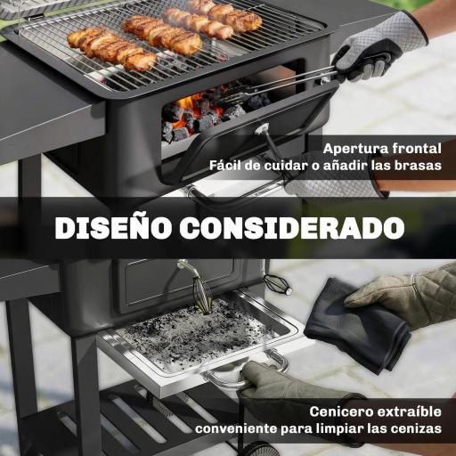 Barbacoa de Carbón con Bandeja y Ventilación Ajustable Estantes Laterales Ruedas Termómetro Tapa y Puerta [3]