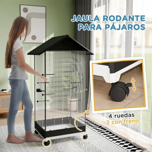 Jaula para Pájaros con Ruedas Pajarera Metálica con Bandeja Extraíble Puertas 79x65x155 cm Negro [7]