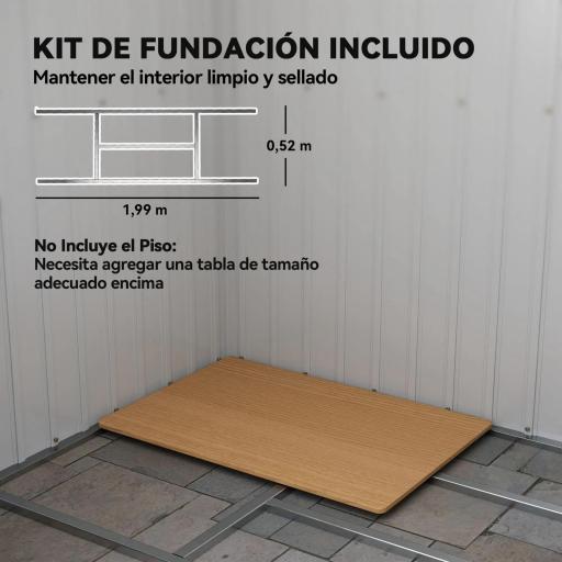 Cobertizo de Jardín Exterior 2,42 m² 213x130x172 cm con Puerta Corredera Techo Inclinado Base y 2 Ventanas Gris Claro [4]