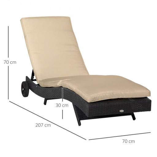 Tumbona de Jardín en Forma de S con 2 Ruedas Respaldo Ajustable en 5 Posiciones y Cojín Extraíble 207x70x70 cm Negro [1]