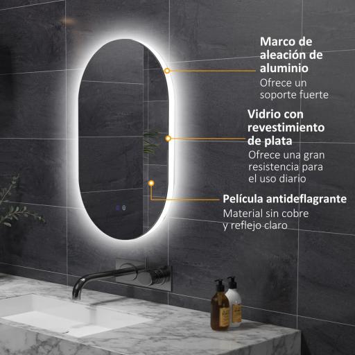 Espejo de Baño con Luces LED 81x51 cm Espejo de Pared con 3 Colores Interruptor Táctil Función de Desempañado Plata [4]