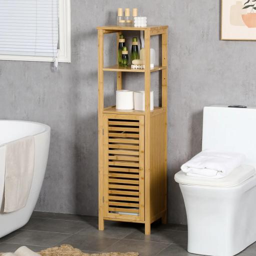 Armario Auxiliar de Baño de Bambú Estantería de Baño con 2 Estantes Abiertos y Puerta de Rejilla 32,9x29,9x120cm Natural