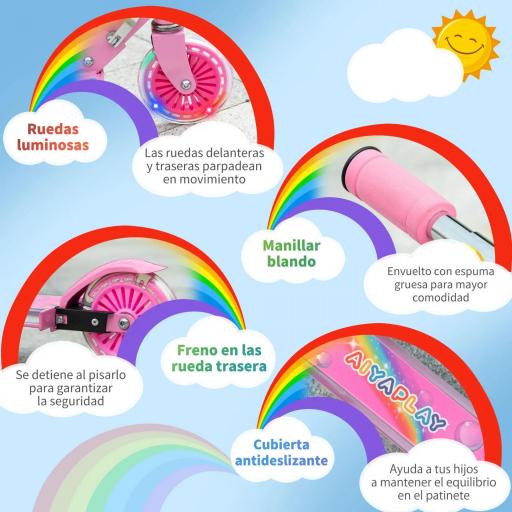 Patinete Infantil Plegable con Luces Música Altura Ajustable Ruedas Brillantes Pedal LED Carga 50kg 67x32x65-78cm Rosa [3]