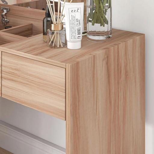 Tocador Compacto con Espejo Abatible y Cajones y Taburete Estilo Minimalista Escritorio Pequeño 80x40x79cm Madera Natural [7]
